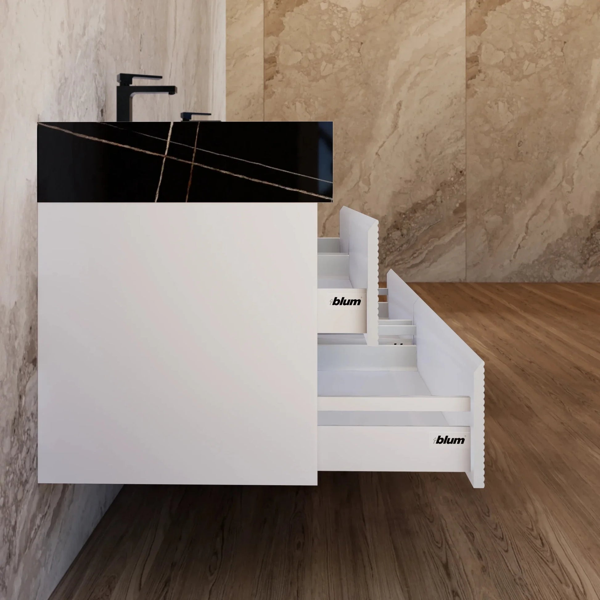 60" White Fluted Floating Vanity with Seamless Stone Double Sink