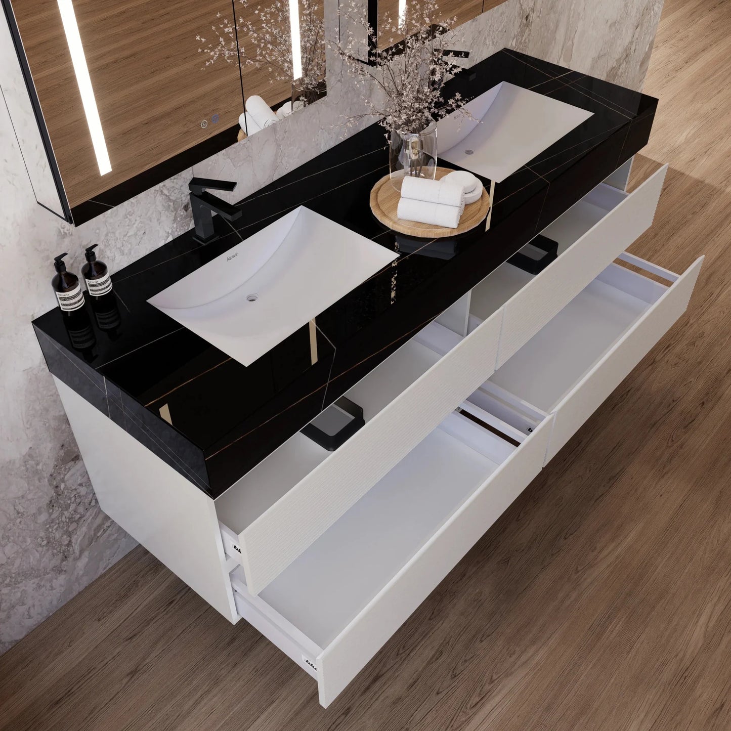 60" White Fluted Floating Vanity with Seamless Stone Double Sink