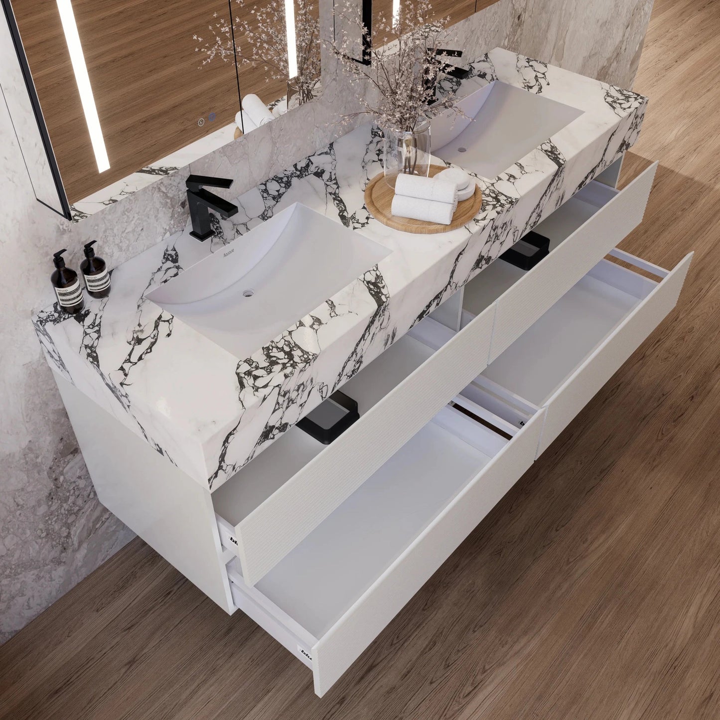 60" White Fluted Floating Vanity with Seamless Stone Double Sink