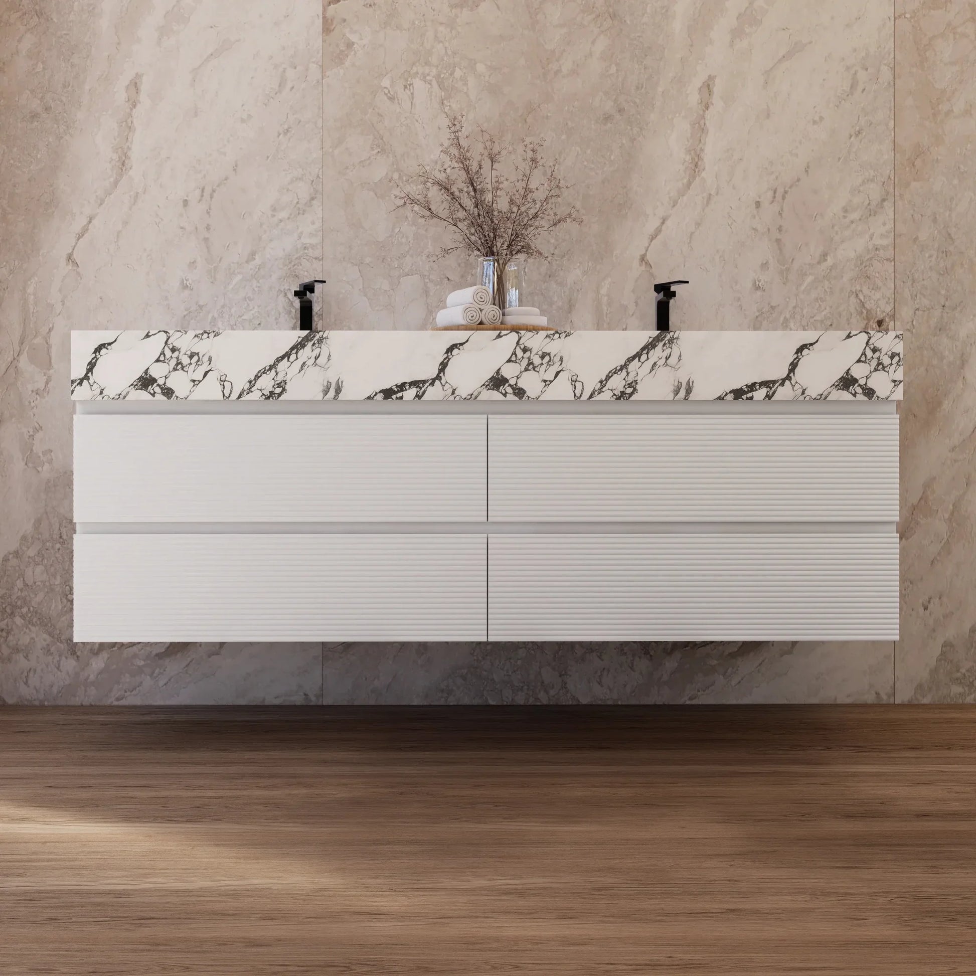 60" White Fluted Floating Vanity with Seamless Stone Double Sink
