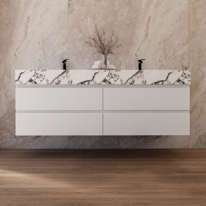 60" White Fluted Floating Vanity with Seamless Stone Double Sink