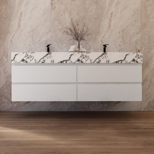 60" White Fluted Floating Vanity with Seamless Stone Double Sink