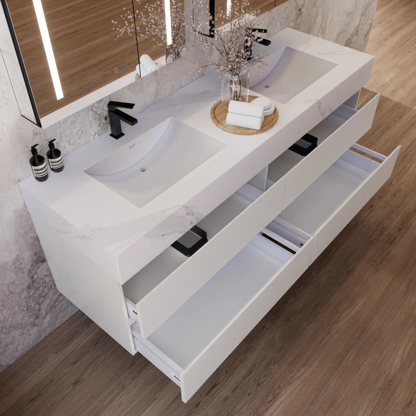 60" White Fluted Floating Vanity with Seamless Stone Double Sink
