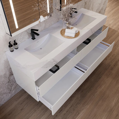 60" White Fluted Floating Vanity with Seamless Stone Double Sink
