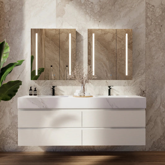 60" White Fluted Floating Vanity with Seamless Stone Double Sink