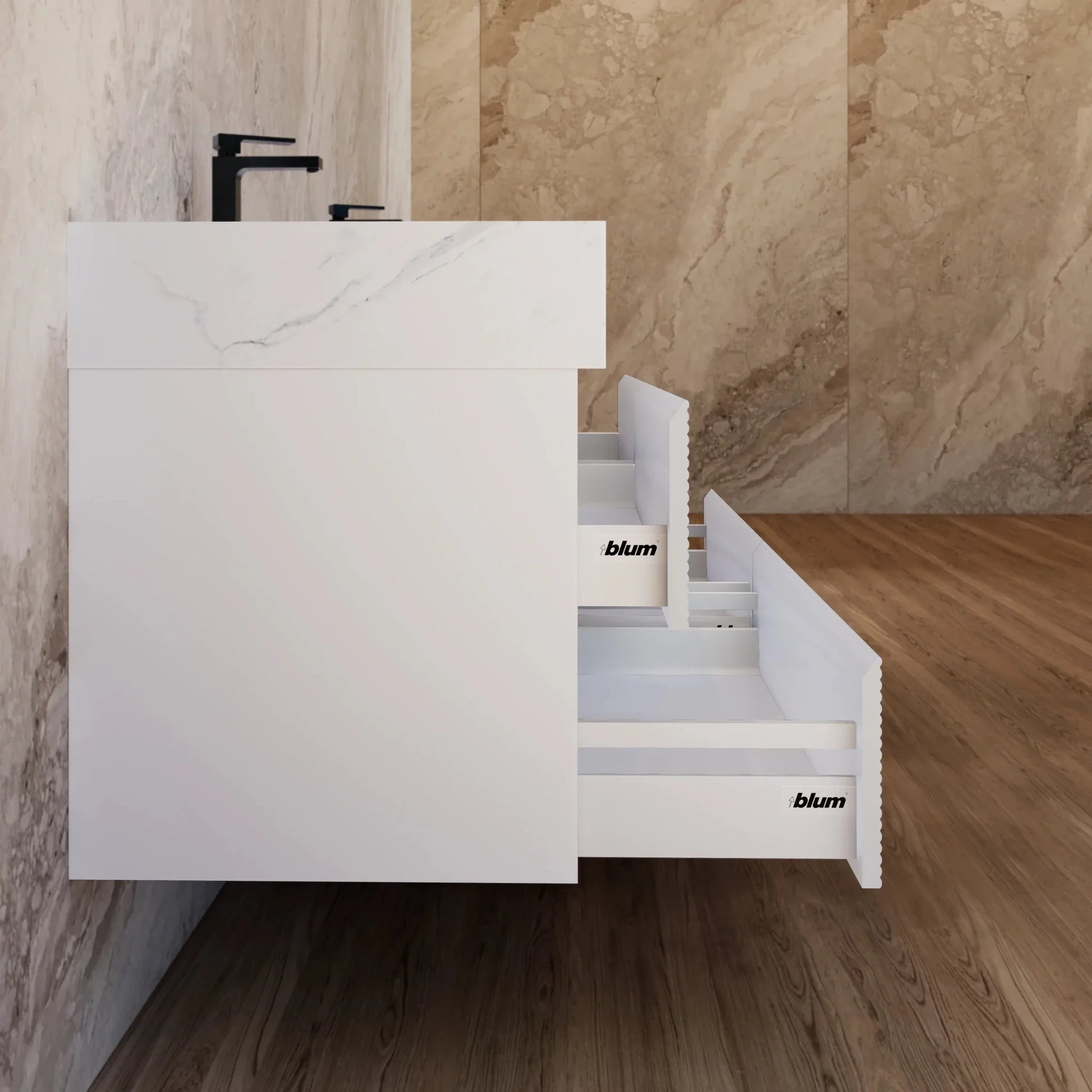 60" White Fluted Floating Vanity with Seamless Stone Double Sink