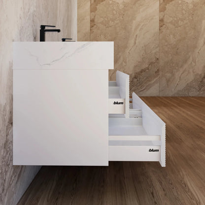 60" White Fluted Floating Vanity with Seamless Stone Double Sink