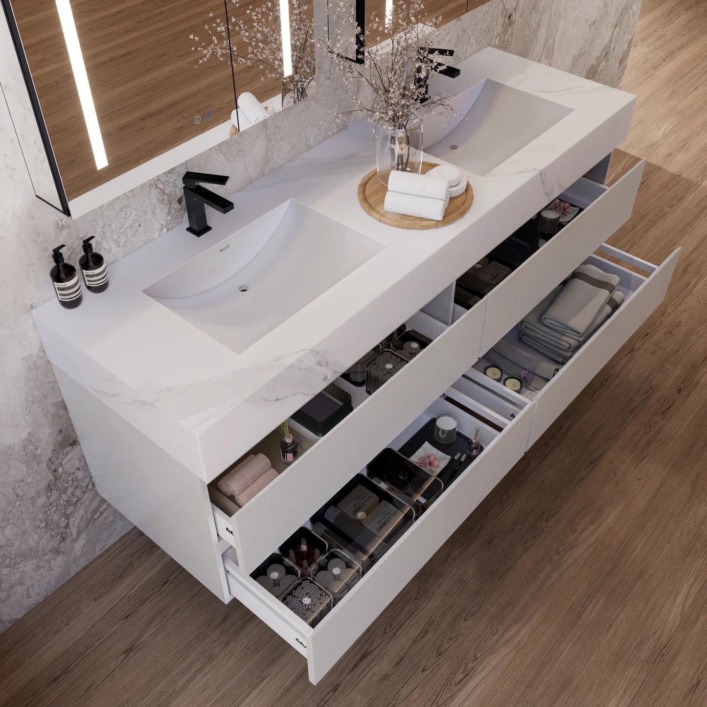 60" White Fluted Floating Vanity with Seamless Stone Double Sink