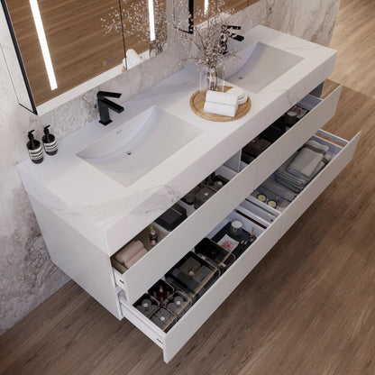 60" White Fluted Floating Vanity with Seamless Stone Double Sink