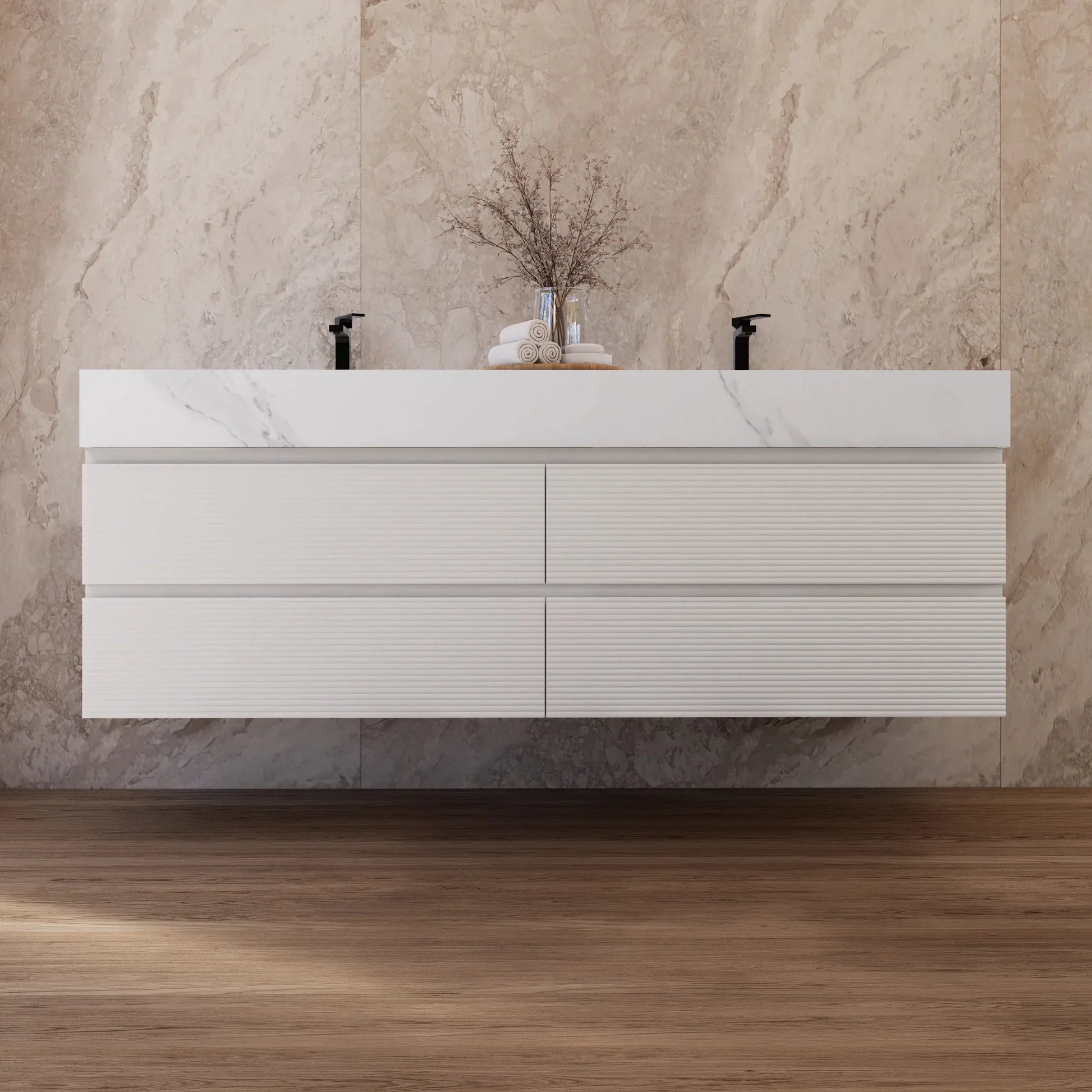 60" White Fluted Floating Vanity with Seamless Stone Double Sink