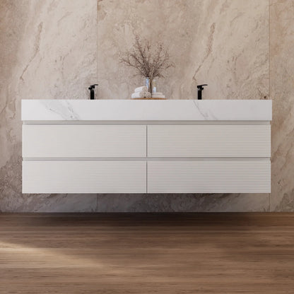 60" White Fluted Floating Vanity with Seamless Stone Double Sink