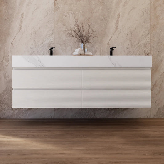 60" White Fluted Floating Vanity with Seamless Stone Double Sink