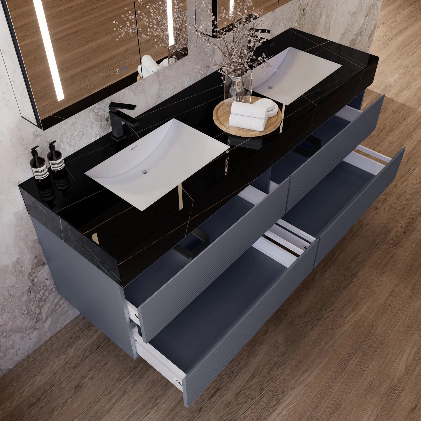 60"/71"  Dark Grey Fluted Floating Vanity with Seamless Stone Double Sink