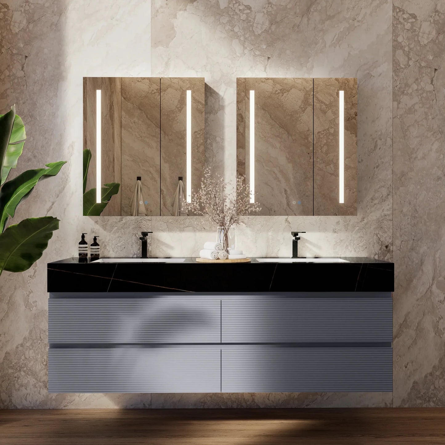 60"/71"  Dark Grey Fluted Floating Vanity with Seamless Stone Double Sink