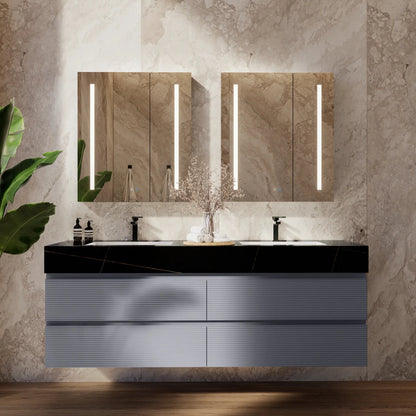 60"/71"  Dark Grey Fluted Floating Vanity with Seamless Stone Double Sink