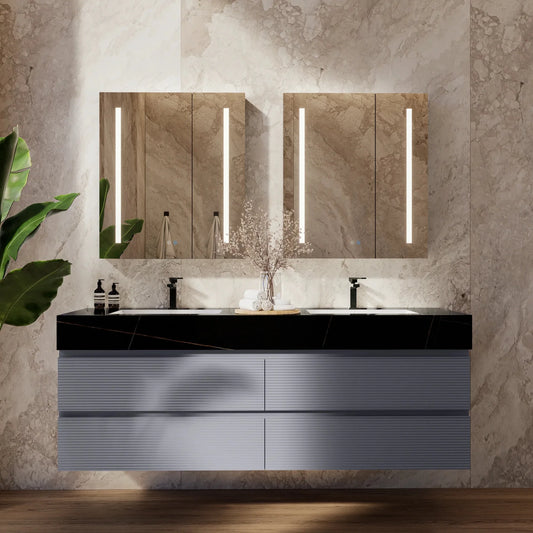 60"/71"  Dark Grey Fluted Floating Vanity with Seamless Stone Double Sink