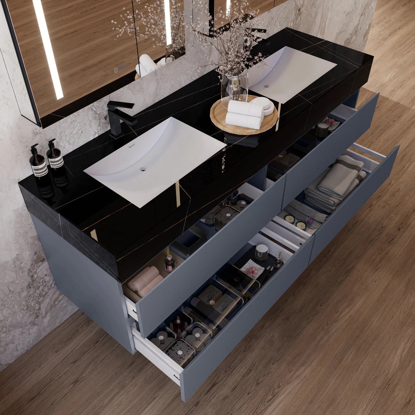 60"/71"  Dark Grey Fluted Floating Vanity with Seamless Stone Double Sink