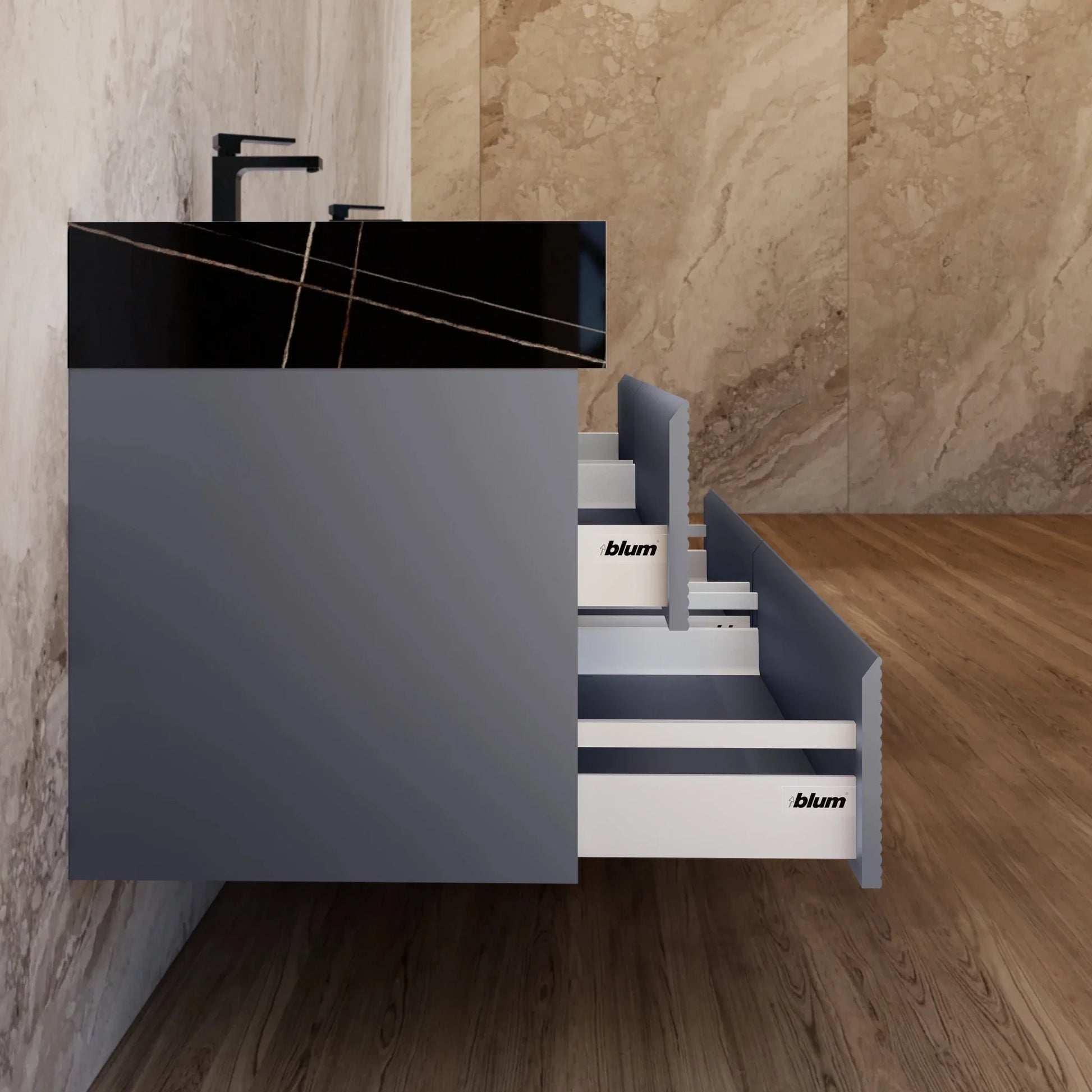 60"/71"  Dark Grey Fluted Floating Vanity with Seamless Stone Double Sink