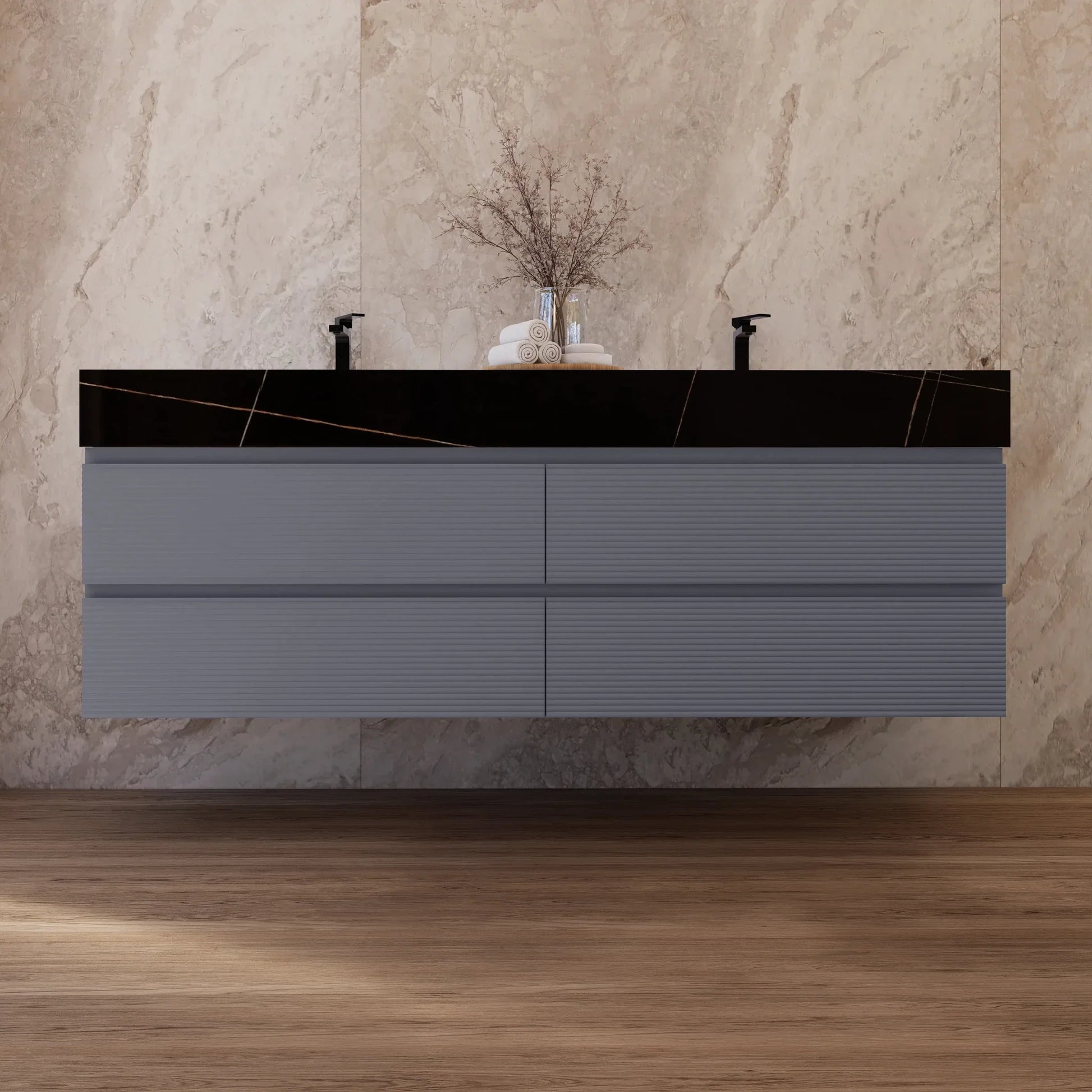 60"/71"  Dark Grey Fluted Floating Vanity with Seamless Stone Double Sink