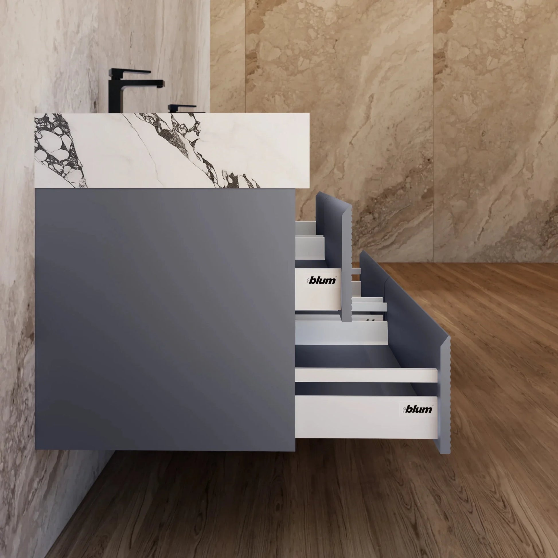 60"/71"  Dark Grey Fluted Floating Vanity with Seamless Stone Double Sink