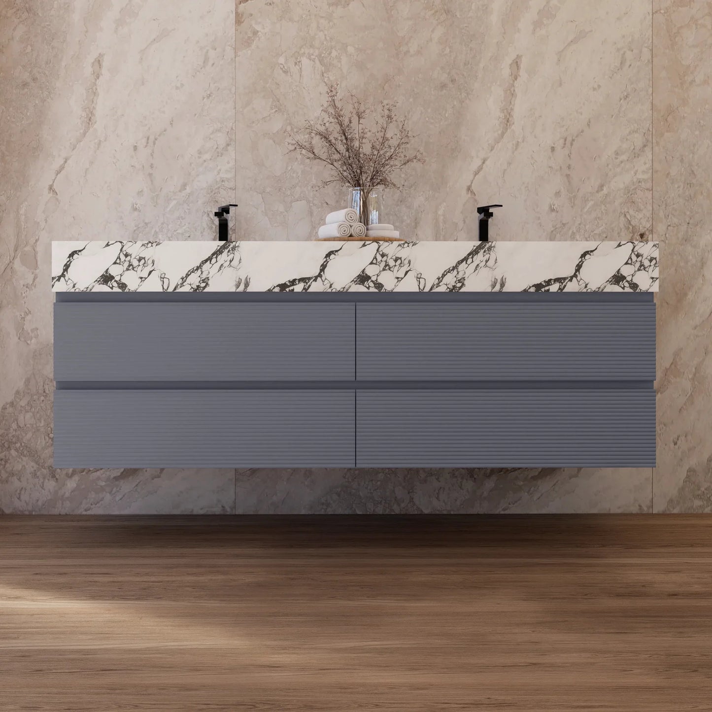 60"/71"  Dark Grey Fluted Floating Vanity with Seamless Stone Double Sink