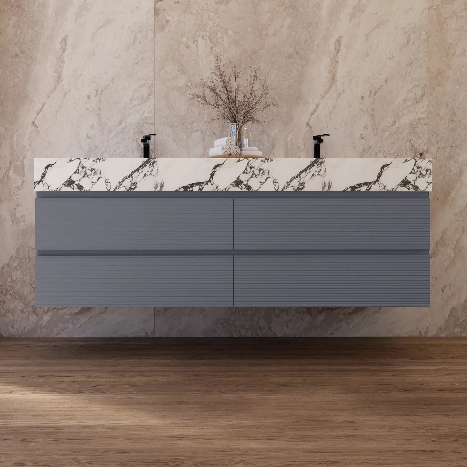 60"/71"  Dark Grey Fluted Floating Vanity with Seamless Stone Double Sink