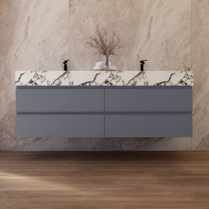 60"/71"  Dark Grey Fluted Floating Vanity with Seamless Stone Double Sink