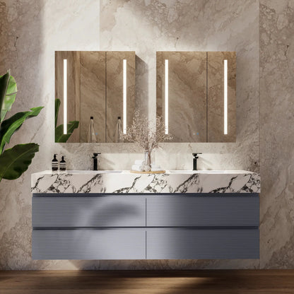 60"/71"  Dark Grey Fluted Floating Vanity with Seamless Stone Double Sink