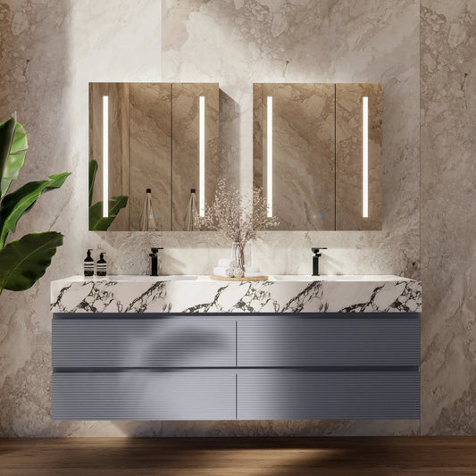 60"/71"  Dark Grey Fluted Floating Vanity with Seamless Stone Double Sink