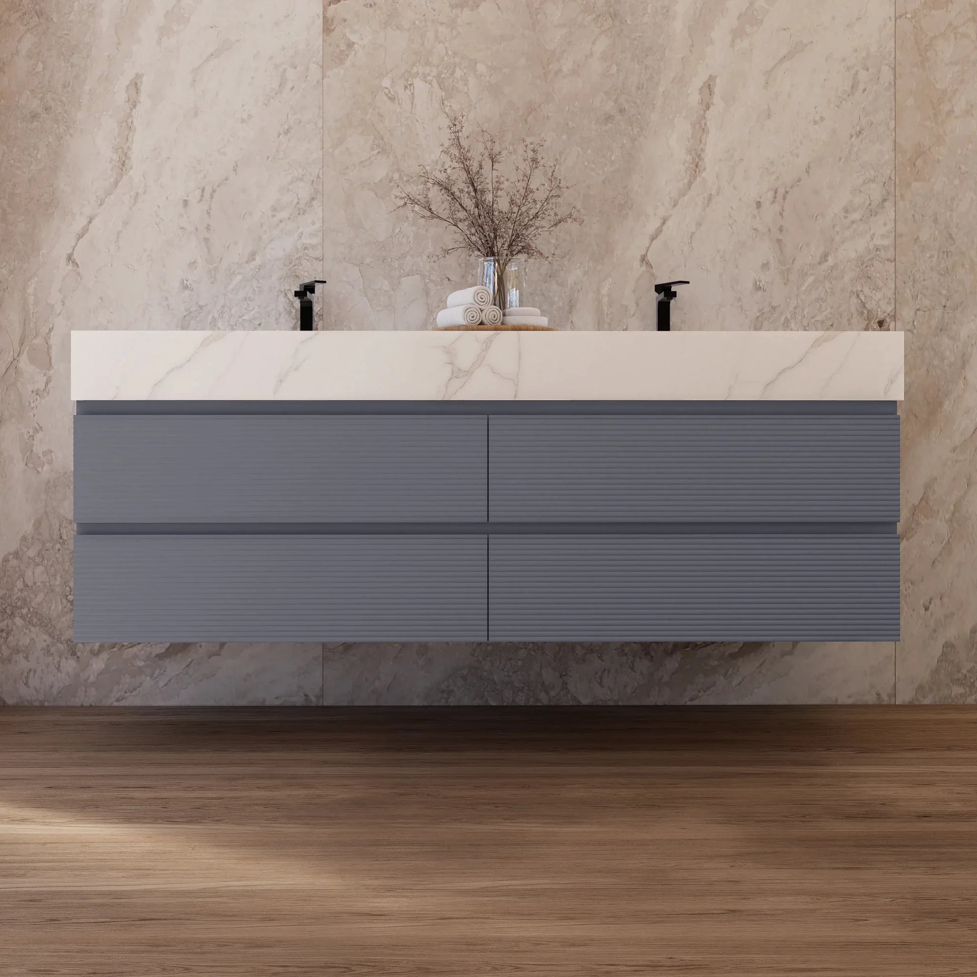 60"/71"  Dark Grey Fluted Floating Vanity with Seamless Stone Double Sink