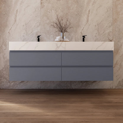 60"/71"  Dark Grey Fluted Floating Vanity with Seamless Stone Double Sink