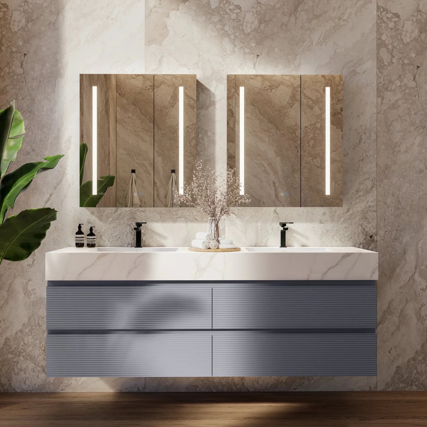 60"/71"  Dark Grey Fluted Floating Vanity with Seamless Stone Double Sink