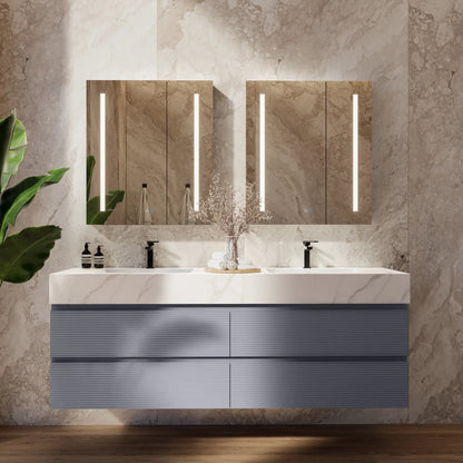 60"/71"  Dark Grey Fluted Floating Vanity with Seamless Stone Double Sink