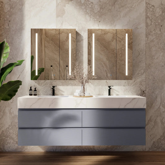 60"/71"  Dark Grey Fluted Floating Vanity with Seamless Stone Double Sink
