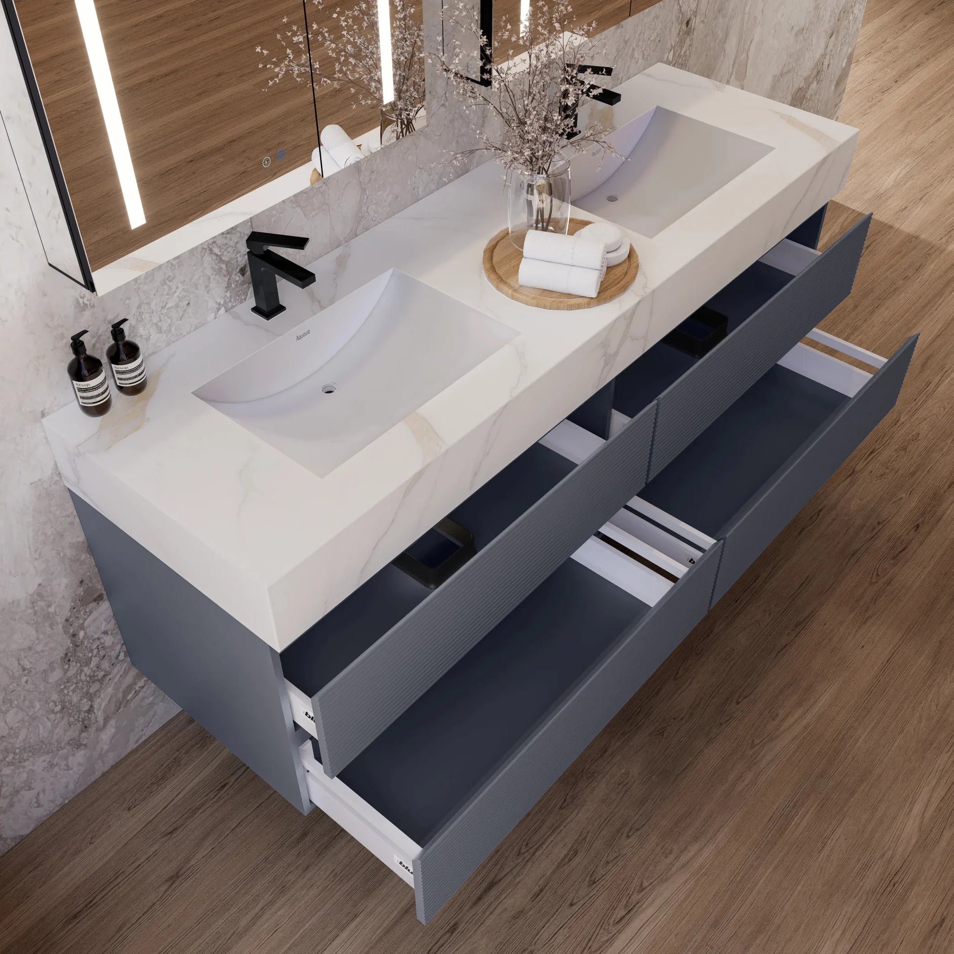 60"/71"  Dark Grey Fluted Floating Vanity with Seamless Stone Double Sink
