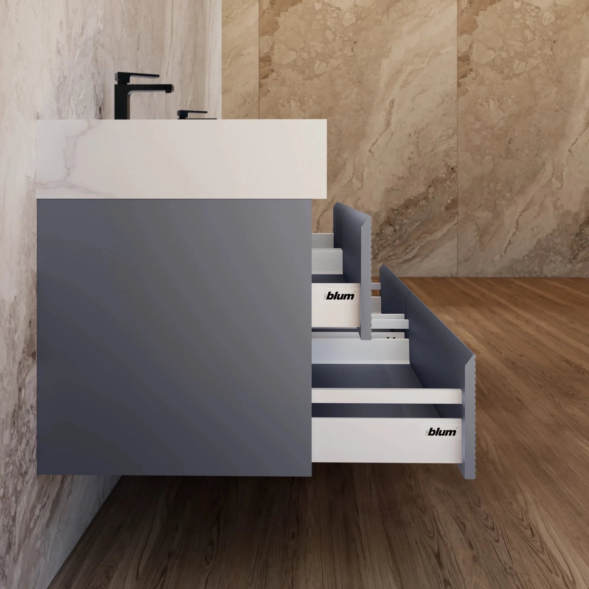 60"/71"  Dark Grey Fluted Floating Vanity with Seamless Stone Double Sink