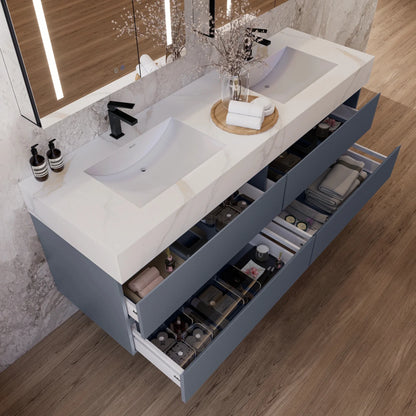 60"/71"  Dark Grey Fluted Floating Vanity with Seamless Stone Double Sink