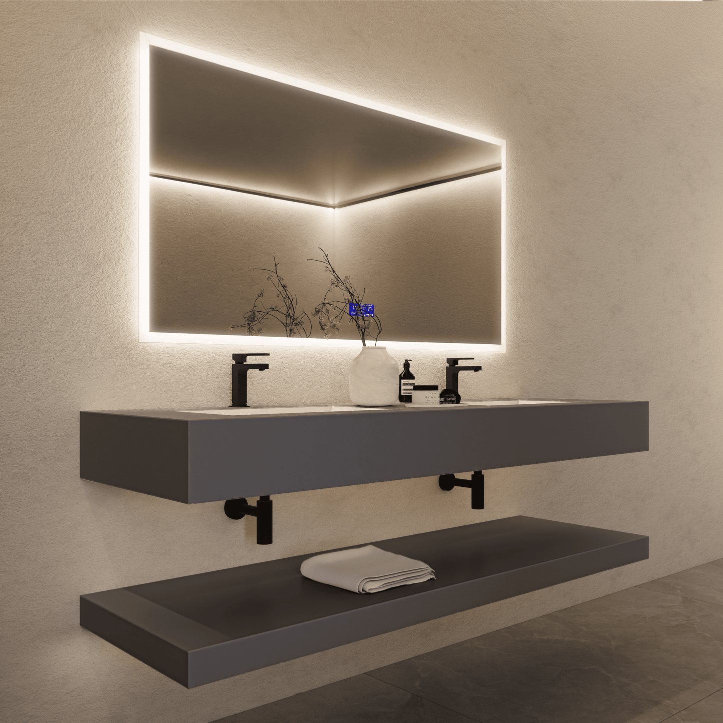 71 Inch Slate Double Sink Floating Vanity – Seamless Stone Basin-A3