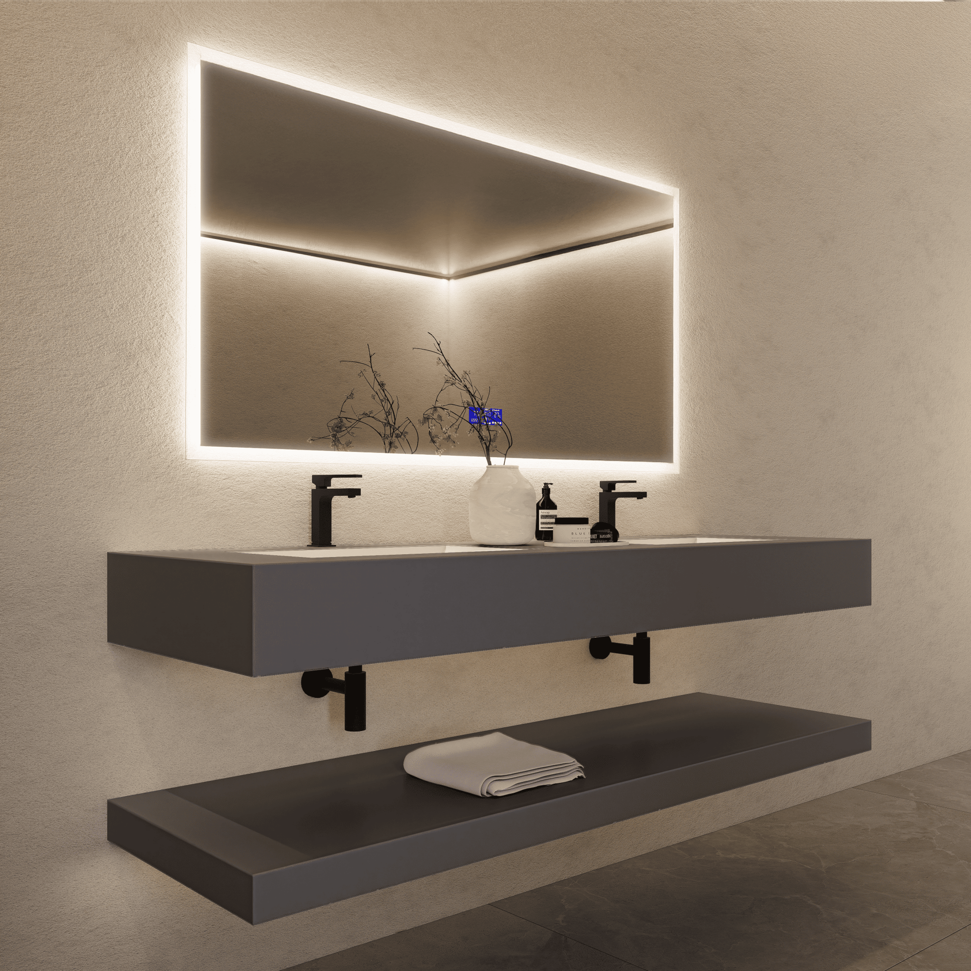 71 Inch Slate Double Sink Floating Vanity – Seamless Stone Basin-A3