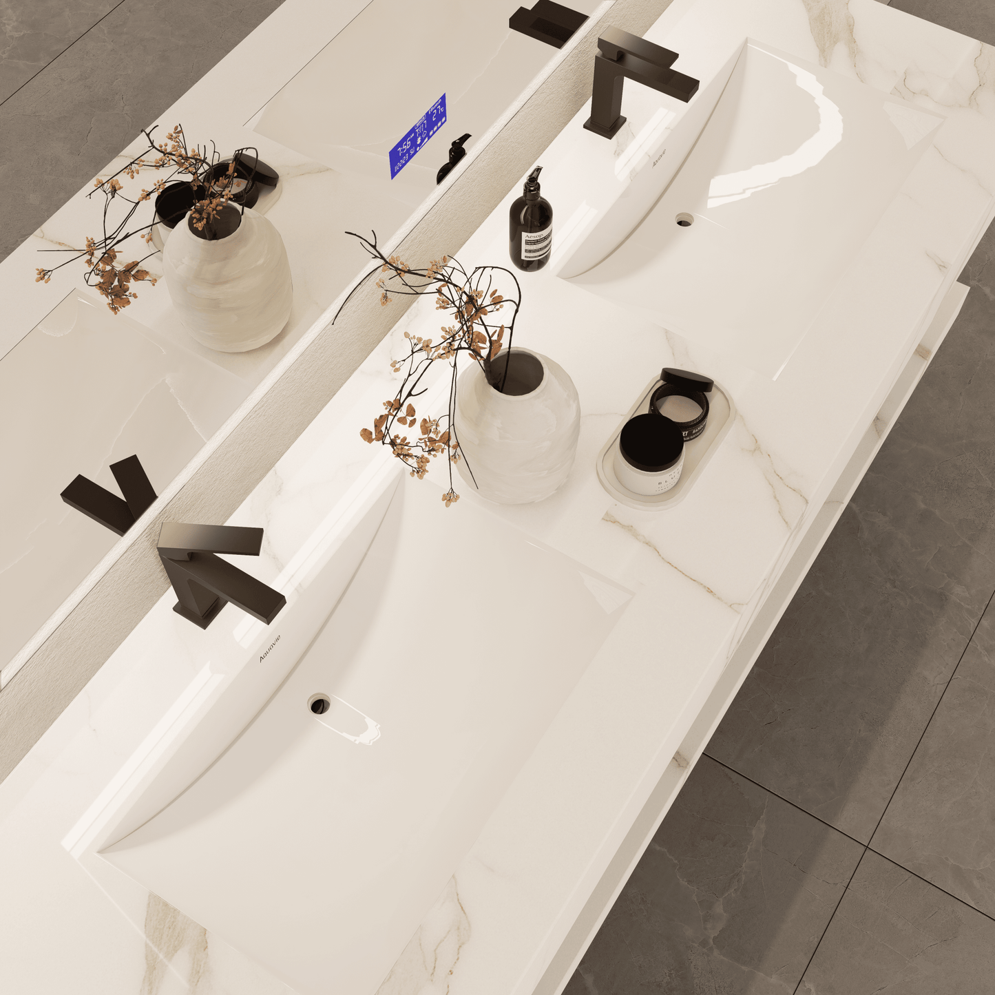 71 Inch Slate Double Sink Floating Vanity – Seamless Stone Basin-A3