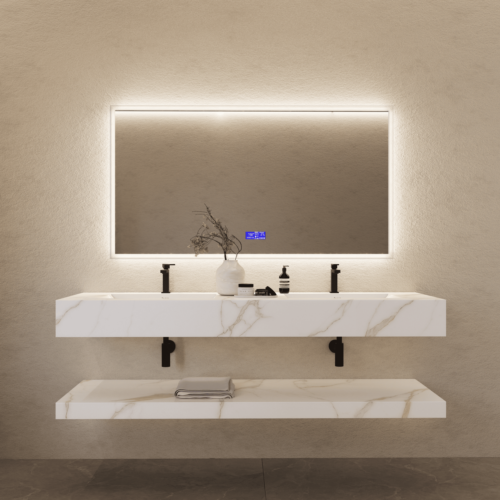 71 Inch Slate Double Sink Floating Vanity – Seamless Stone Basin-A3