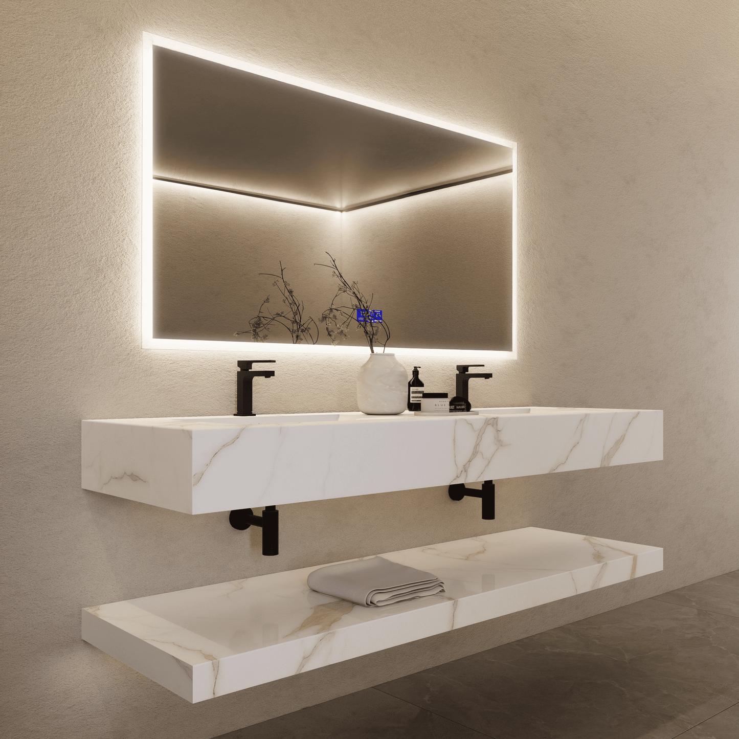 71 Inch Slate Double Sink Floating Vanity – Seamless Stone Basin-A3