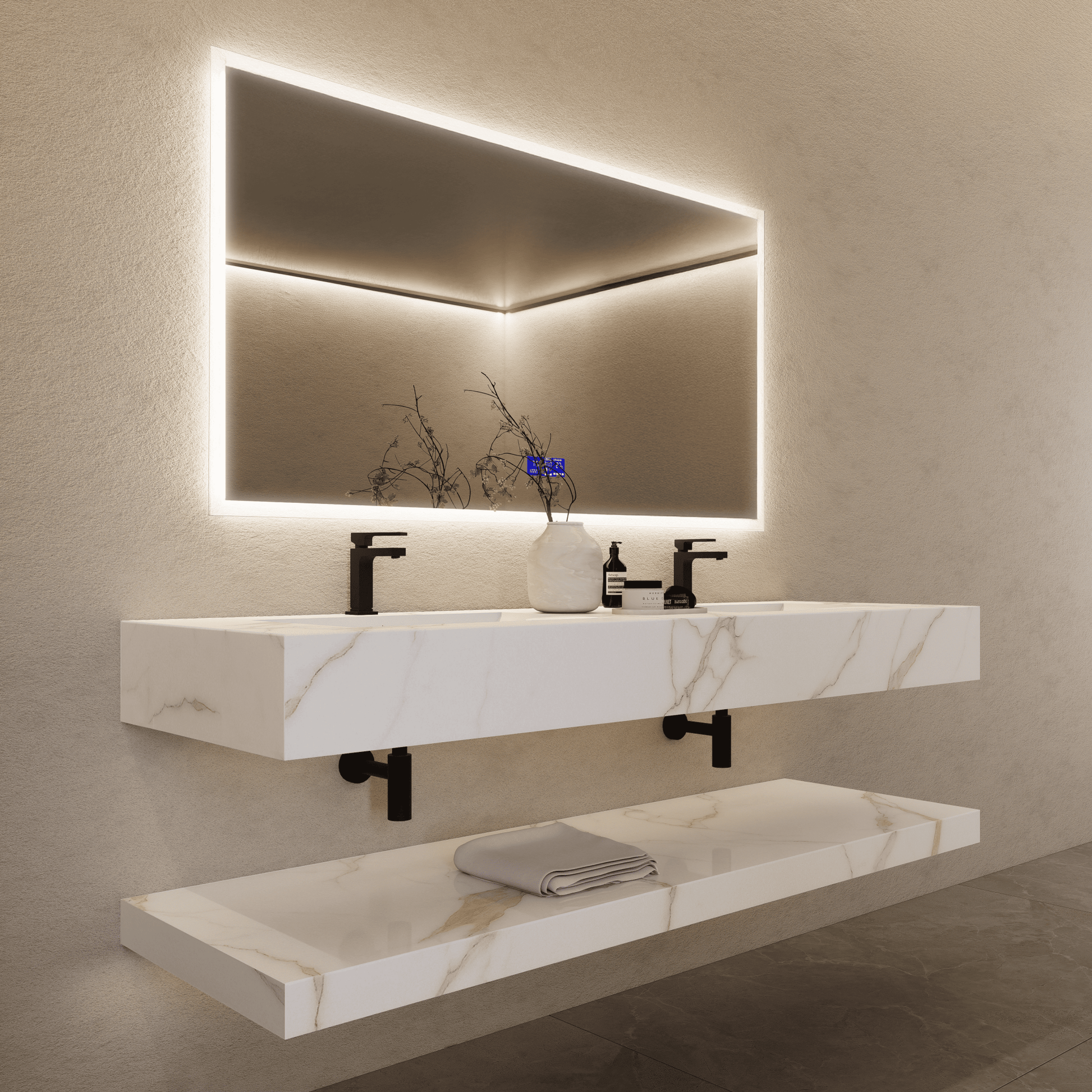 71 Inch Slate Double Sink Floating Vanity – Seamless Stone Basin-A3