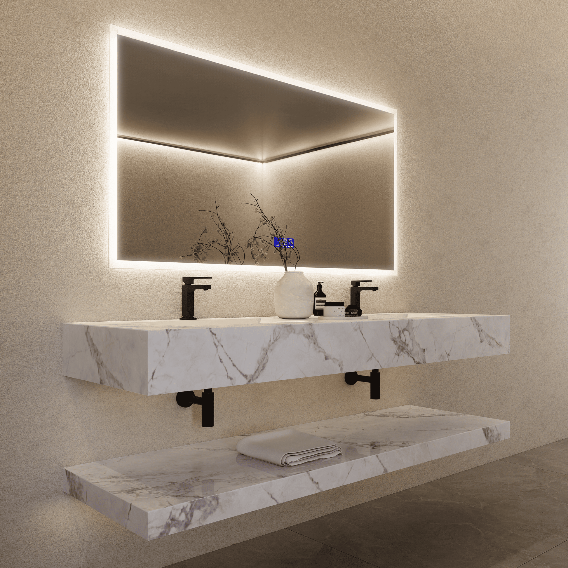 71 Inch Slate Double Sink Floating Vanity – Seamless Stone Basin-A3