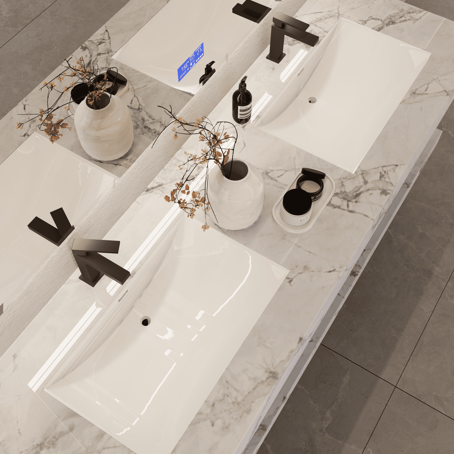 71 Inch Slate Double Sink Floating Vanity – Seamless Stone Basin-A3