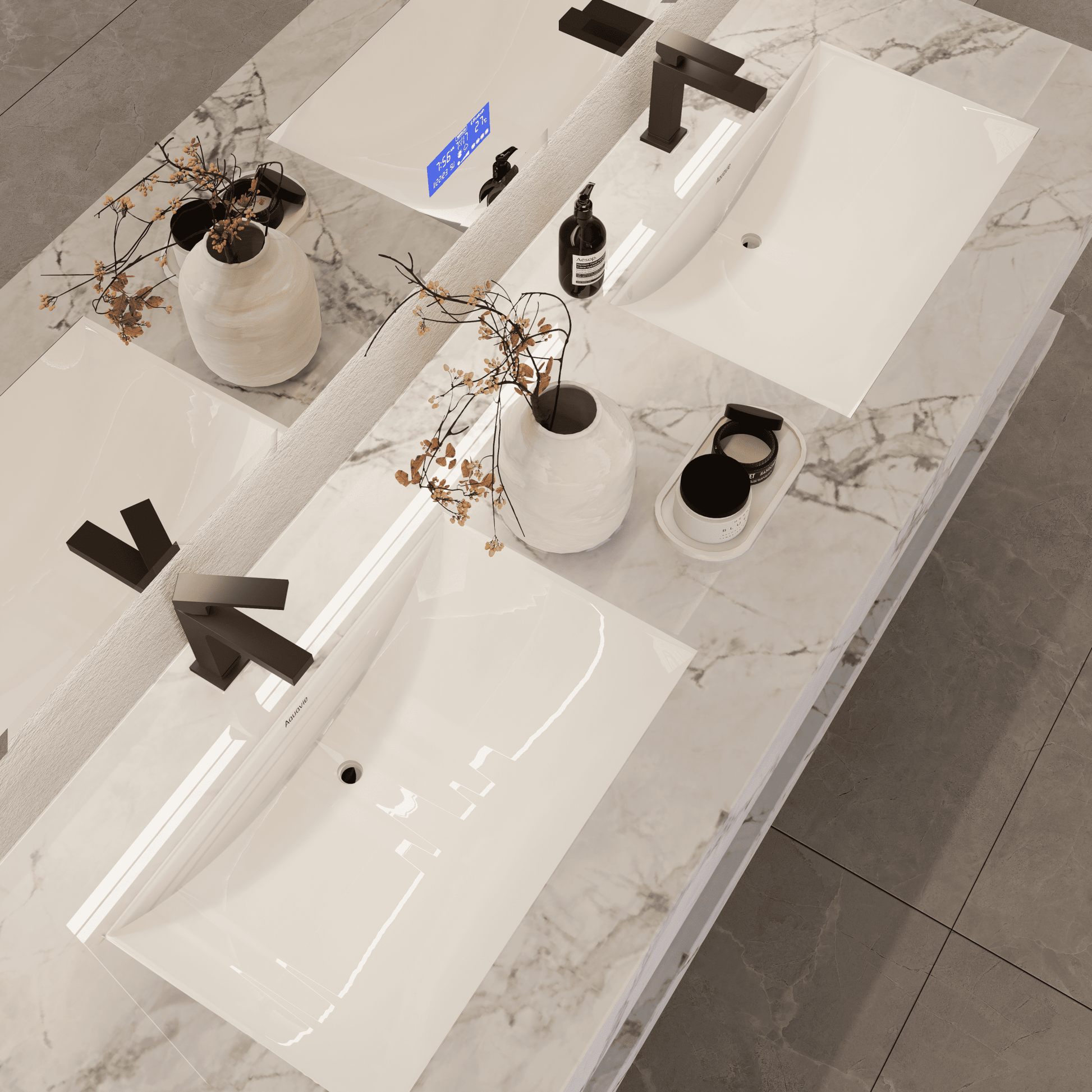 71 Inch Slate Double Sink Floating Vanity – Seamless Stone Basin-A3