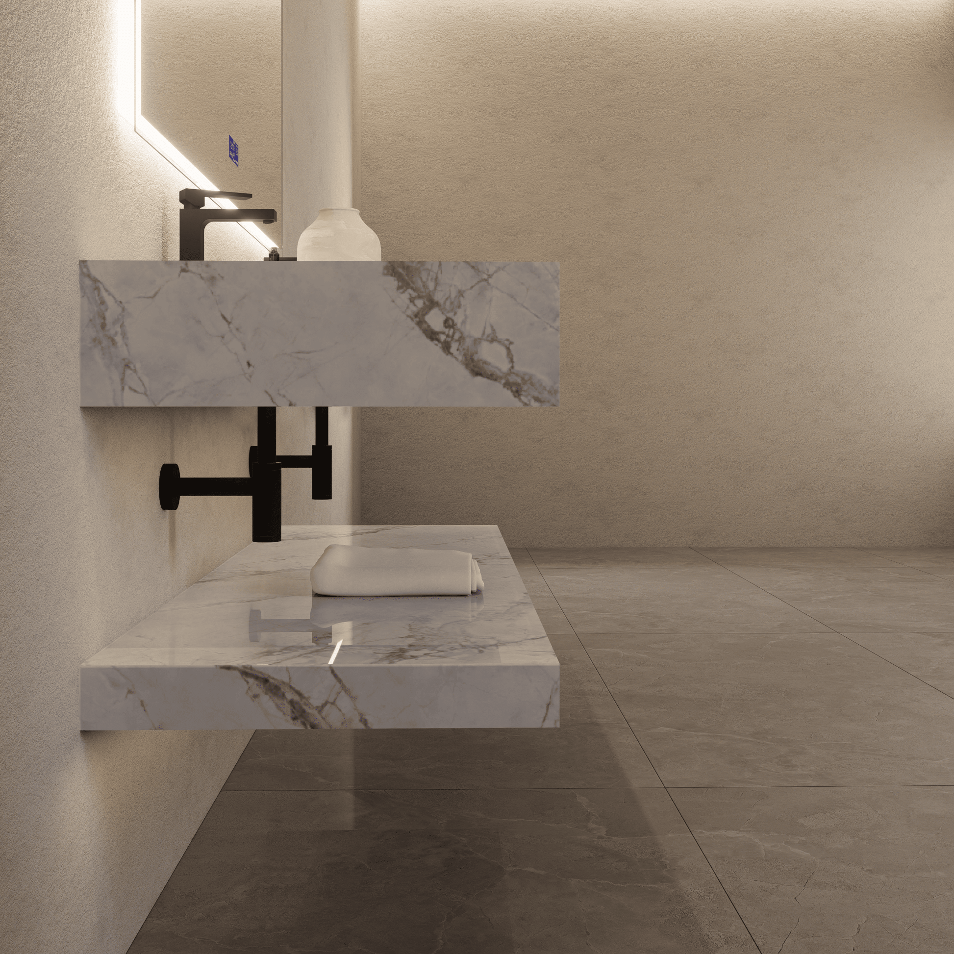 71 Inch Slate Double Sink Floating Vanity – Seamless Stone Basin-A3