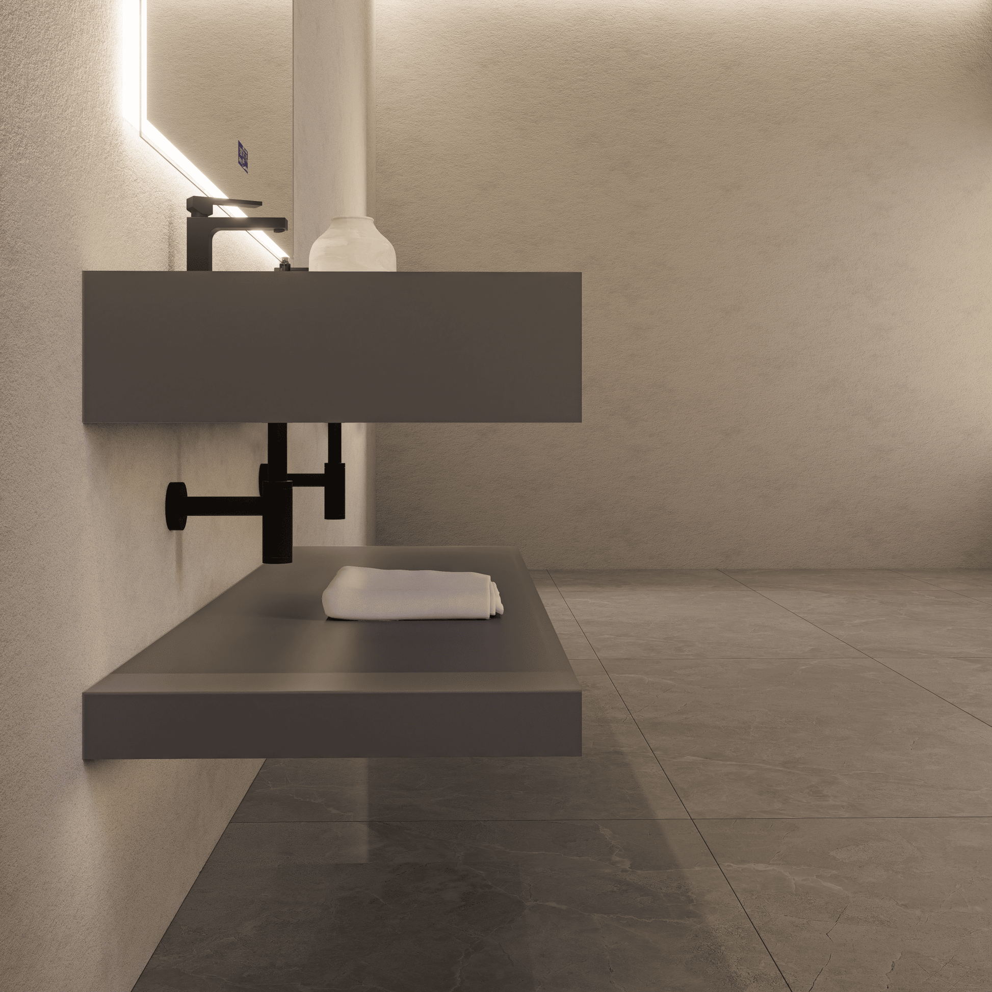 71 Inch Slate Double Sink Floating Vanity – Seamless Stone Basin-A3