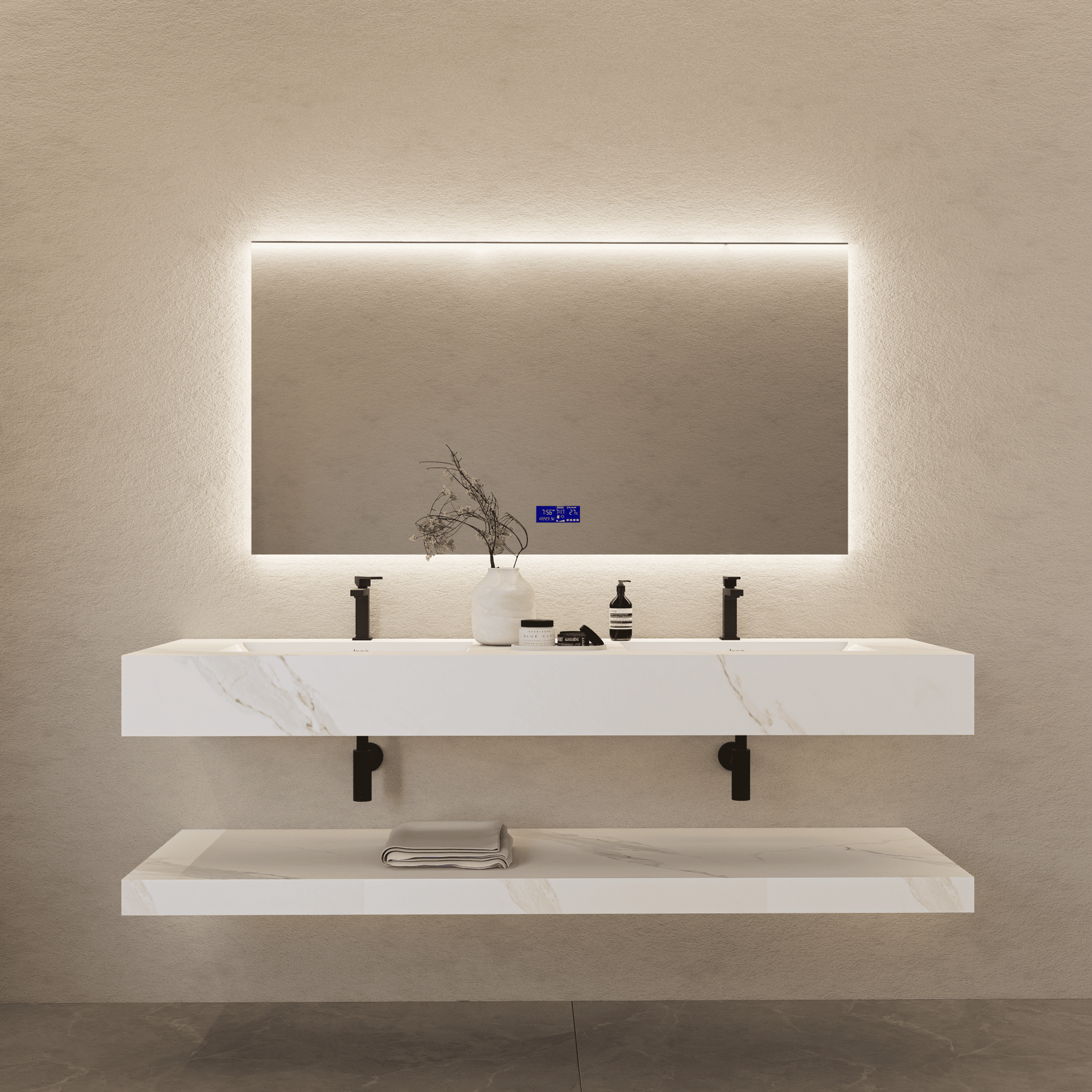 71 Inch Slate Double Sink Floating Vanity – Seamless Stone Basin-A3
