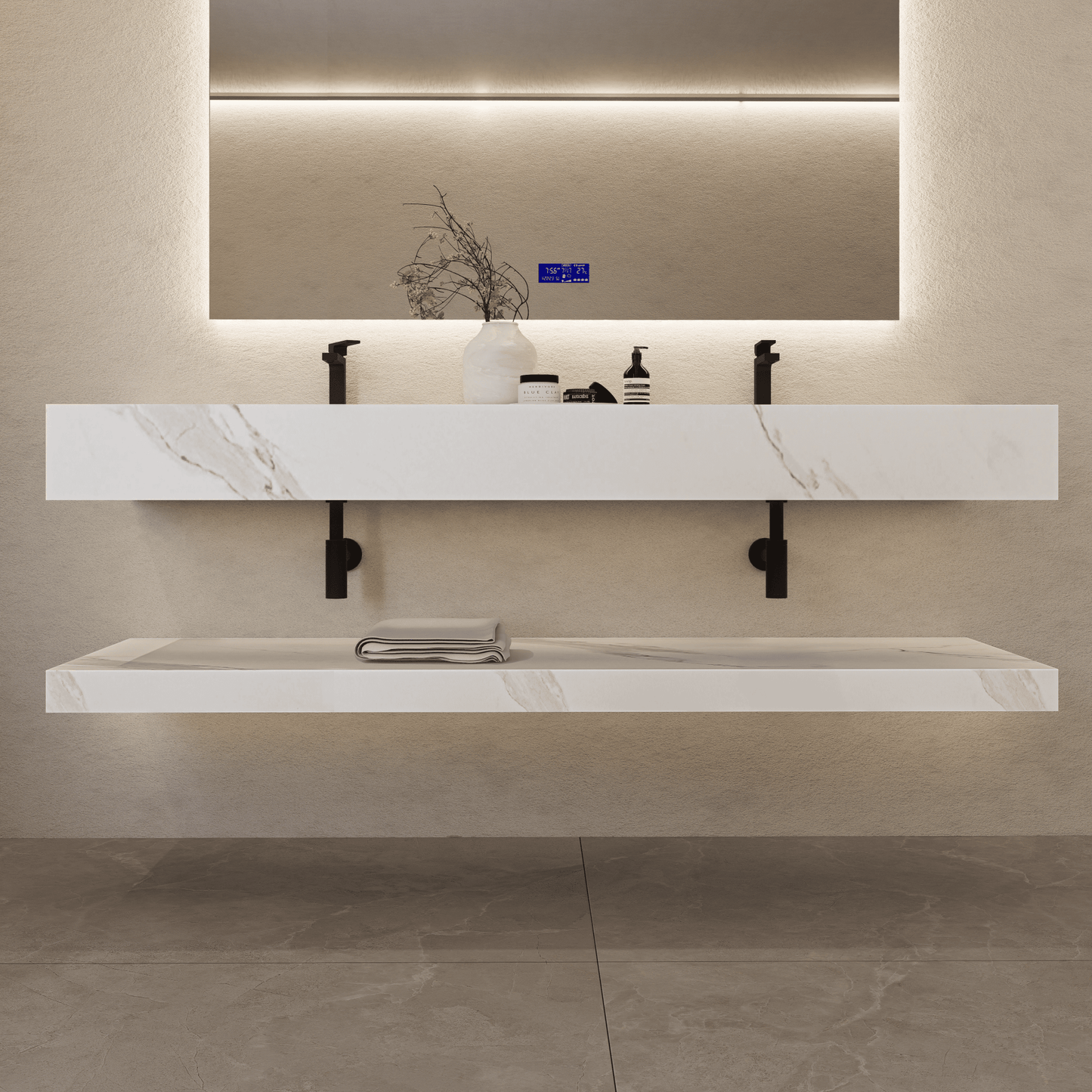 71 Inch Slate Double Sink Floating Vanity – Seamless Stone Basin-A3
